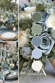 the table is set with blue and white flowers, greenery, candles and plates