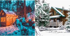 two pictures one with a cabin and the other with snow covered trees in front of it