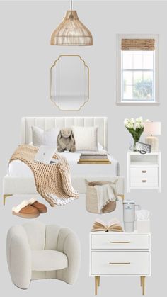 a white bedroom with gold accents and accessories on the bed, nightstands, mirror, lamp, chair, coffee table