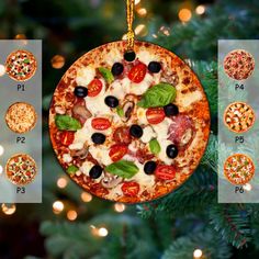 an ornament hanging from a christmas tree with different types of pizza on it