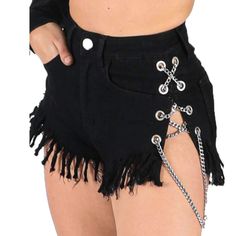 Chain Shorts Black Woman Rave Outfit, Spring Punk Mid-rise Bottoms, Spring Punk Style Mid-rise Bottoms, High Rise Punk Bottoms For Spring, Punk Style Black Summer Pants, Punk Black Shorts For Spring, Summer Punk Style Black Pants, Black Punk Style Pants For Summer, Punk Style Black Pants For Summer