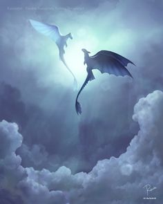 two white and black dragon flying in the sky with clouds behind them on a cloudy day