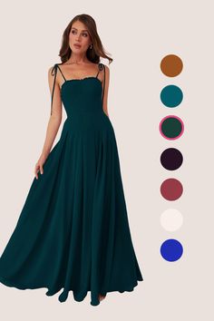 a woman in a long green dress with different color options for the colors and sizes