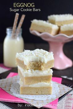 eggnog sugar cookie bars stacked on top of each other