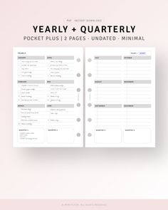 a printable planner with the text yearly and quartered in white, on a pink background