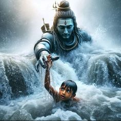 a young boy is in the water next to an image of lord hanshra