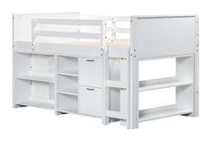 a white bunk bed with open shelves and drawers on the bottom level, against a white background