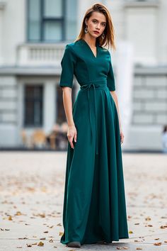 "Dark Green Maxi Dress, New Year Maxi Dress, Cocktail Party Dress Classic dark green maxi dress with circle skirts ➤ Features > dress lenght: 150 cm / 59,05\" > mid sleeves > v neckline > circle skirts > waistband ➤ Sizing My Size Guide in FAQ section below will help you define the perfect size match. The item can also be made according to your measurements - just message them to me. ➤ Delivery Your item is made-to-order and will be ready within 2-7 days. Average delivery times: & Elegant Green Embroidered Maxi Dress, Formal Dark Green V-neck Dress, Formal Green V-neck Maxi Dress, Green Chiffon Maxi Dress For Formal Occasions, Green Chiffon Maxi Evening Dress, Green Full-length Maxi Dress For Evening, Elegant Dark Green Maxi Dress For Spring, Elegant Green Full Length Maxi Dress, Formal Green Maxi Dress