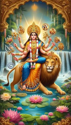 the hindu goddess sitting on top of a lion in front of a waterfall with water lilies