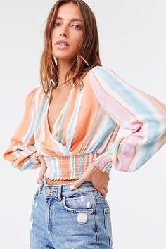 Striped Tops Women, Semi Cropped, Surplice Top, Surplice Neckline, Forever21 Tops, Woven Top, 10 22, Denim Jackets