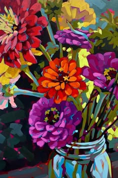 a painting of colorful flowers in a jar