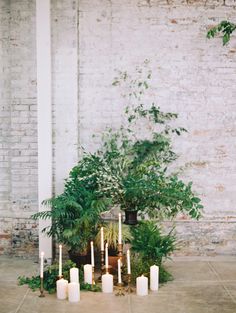 candles and greenery are arranged on the floor in front of a white brick wall