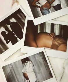 four polaroid photos of people standing next to each other with their backs turned towards the camera