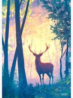 a painting of a deer standing in the woods