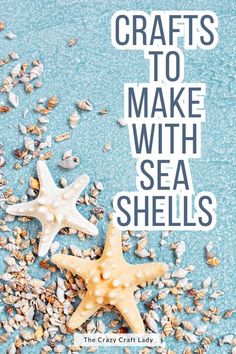 two starfishs and shells on a blue surface with the words crafts to make with sea shells