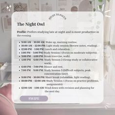 the night owl flyer is displayed in front of a window