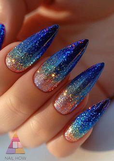 Royal Blue Sparkle Nails, Royal Blue Coffin Nails, Blue Sparkle Nails, Blue Gold Nails, Royal Blue Nails Designs, Royal Nails, Blue Stiletto Nails, Sapphire Nails, Blue Coffin Nails