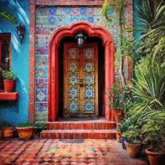 a painting of a doorway with potted plants