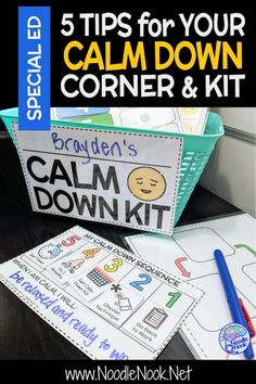 the 5 tips for your calm down corner and kit with text overlaying it