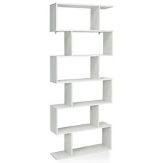 a white book shelf with four shelves on each side and one in the other corner