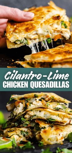 chicken quesadillas stacked on top of each other with melted cheese and herbs