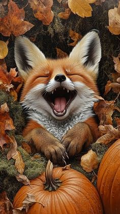 a red fox yawns while surrounded by pumpkins