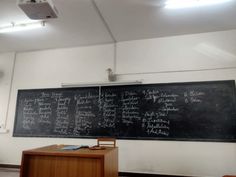 a blackboard with writing on it in an empty room next to a wooden desk