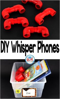 some red plastic whistles are in a container and the words diy whisper phones