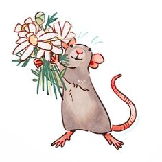 a drawing of a rat with flowers in it's mouth