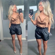 TOPS - Konor Knox Dinner Night Outfit, Leather Shorts Outfit, Black Shorts Outfit, Black Leather Shorts, Fall Trends Outfits, Shorts Outfit, Night Out Outfit, Dressed To Kill, Leather Shorts