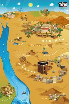 an illustrated map of the land and water in the middle of the desert with buildings