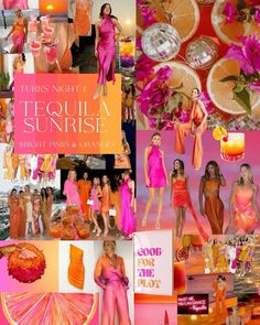 there is a collage of pictures with oranges and pinks on it, including women in dresses