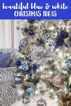 a christmas tree with blue and white ornaments