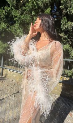 a woman in a sheer dress with feathers on her arms and legs, posing for the camera