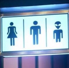 a bathroom sign with the word alien on it's side and an image of a man and woman standing next to each other