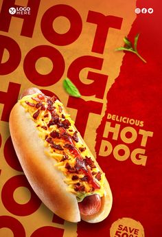 a hot dog on a bun with toppings in front of a red and yellow background