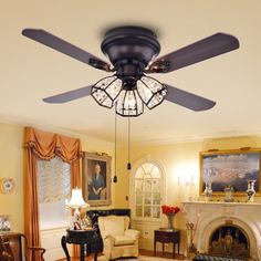 a living room with a fire place and ceiling fan