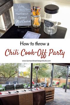 an outdoor party with tables and chairs in the background, and text overlay that reads how to throw a chili cook - off party