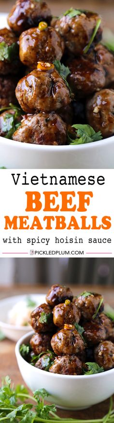 vietnamese beef meatballs with spicy hoisin sauce in a white bowl on a wooden table