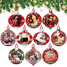 a christmas ornament with many pictures hanging from it's sides on a tree