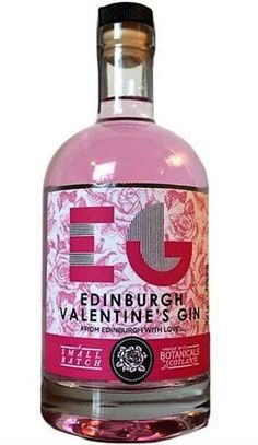 a bottle of edinburgh valentine's gin on a white background with the word ej