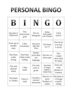 a black and white photo of a game with the words personal bingo written on it