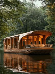 a house boat floating on top of a lake