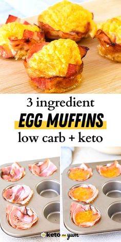 three egg muffins with bacon and keto on top