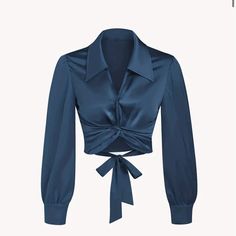 Temu Sea Blue V-Neck Lantern Sleeve Cross Shirt Satin Like Finish M New Without Tags Smoke-Free Home Blue Satin Outfit, Elegant Tops, Satin Tops Blouses Classy, Women Blouses Fashion Classy, Satin Tops Blouses, Cross Shirts, Cute Clothing Stores, Fancy Dresses Long, Blue V