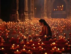 a woman sitting on the ground surrounded by candles