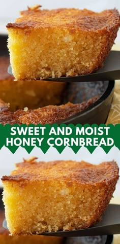 three slices of sweet and moist honey cornbread are shown in front of each other