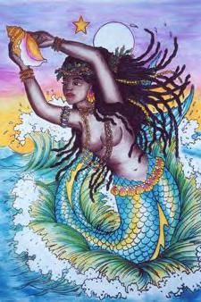 a painting of a mermaid sitting on top of a wave holding a fish in her hand