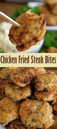 chicken fried steak bites on a white plate