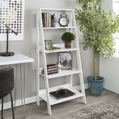 a living room with a white bookcase and potted plant